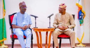 Edo’s Gov-Elect Visits Lagos, Secures Backing From Sanwo-Olu Senator Monday Okpebholo, left, with Mr Babajide Sanwo-Olu...