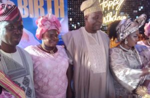 Right to Left Oluwakemi Olaoluwalola and owner of KK Hotel Ota who celebrated 50th birthday her husband Engr Shola Ololuwalola Mrs Toyin of Omowunmi Store Ilogbo Road Ota Ogun State and Taofeek Fatai an ASP at the birthday bash in Ota Ogun state