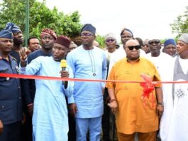 From left, Commander National Air Defence Corps, Nigerian Air Force, Ikeja, Lagos, Air Commodore Victor Ajiboye; Former Managing Director, Federal Airports Authority of Nigeria (FAAN), Alhaji Kabir Mohammed; Oyo State Governor, Seyi Makinde; his Osun State counterpart, Senator Ademola Adeleke; PDP National Deputy Chairman (South), Hon Taofeek Arapaja and PDP National Acting Chairman, Umar Damagum, during the ground breaking ceremony of the upgrade of Samuel Akintola Airport Ibadan...