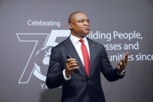 Group Managing DirectorCEO United Bank for AfricaUBAMr Oliver Alawuba during the unveiling of UBA Time Capsule and Tribe Photo Wall part of year long activities to celebrate 75th Anniversary of UBA Group in Lagos on Thursday