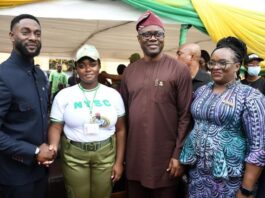 …Oyo State Governor, Seyi Makinde (second right); representative of Lagos State Governor and Commissioner for Youth and Social Development, Mr Mobolaji Ogunlende (second left); Lagos State Coordinator, National Youth Service Corps (NYSC), Mrs Yetunde Baderinwa (right) and daughter of Oyo State Governor, Tobi Makinde, during the NYSC 2024 Batch B Stream 2 Orientation Camp closing ceremony, held at NYSC Temporary Orientation Camp, Agege, Lagos…