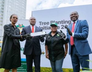 L R MDCEO UBA Foundation Bola Atta Group Managing DirectorCEO United Bank for Africa Oliver Alawuba Head Tree Planting and Maintenance Funto Aina and Deputy Managing Director UBA Muyiwa Akinyemi at the UBA Foundations Tree Planting Initiative where the Bank plans to plant 2 million threes across Africa in 2024 held at the UBA Foundation Garden in Marina Lagos on Thursday