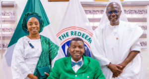 Photo: When Sanwo-Olu, Wife Joined Adeboye At RCCG Headquarters’ Independence Day Service R-L: Governor of Lagos State, Mr. Babajide Sanwo-Olu; General Overseer, Redeemed Christian Church of God Worldwide, RCCG, Pastor Enoch Adeboye and the First Lady, Dr. (Mrs) Ibijoke Sanwo-Olu during the Independence Day service…