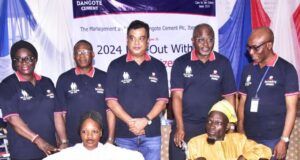 Day Dangote Cement Ibese Feted Senior Citizens In Host Communities L- R from Back: Novia Hospital CEO, Erelu Yeye Abiye, Inegbenijie. Lydia David; Dangote Cement Ibese Plant Chief Finance Officer, Akin Abe; Dangote Cement Ibese Plant Director, Roy K. Uttam; Dangote Cement Plc, Group Head, Social Performance, Wakeel Olayiwola; Dangote Cement Ibese Plant, General Manager, Human Asset Management / Admin, Olugbemiga Aina; (Beneficiaries in front), Modupe Olaoluwa Bankole and Hakeem Akinsola, during the Presentation of WheelChairs and other mobility aids to the some Senior Citizens at the Dangote Cement Ibese Plant at the 2024 Edition of One - Day Care Program for the Host Communities Senior Citizens, an Ibese Plant, Ogun State at the weekend…
