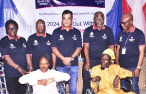 Day Dangote Cement Ibese Feted Senior Citizens In Host Communities L- R from Back: Novia Hospital CEO, Erelu Yeye Abiye, Inegbenijie. Lydia David; Dangote Cement Ibese Plant Chief Finance Officer, Akin Abe; Dangote Cement Ibese Plant Director, Roy K. Uttam; Dangote Cement Plc, Group Head, Social Performance, Wakeel Olayiwola; Dangote Cement Ibese Plant, General Manager, Human Asset Management / Admin, Olugbemiga Aina; (Beneficiaries in front), Modupe Olaoluwa Bankole and Hakeem Akinsola, during the Presentation of WheelChairs and other mobility aids to the some Senior Citizens at the Dangote Cement Ibese Plant at the 2024 Edition of One - Day Care Program for the Host Communities Senior Citizens, an Ibese Plant, Ogun State at the weekend…
