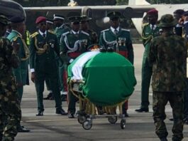 ...the body of the late Chief of Army Staff Lt. Gen. Taoreed Lagbaja...on arrival in Nigeria...