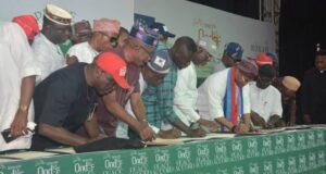 Political Parties Sign Peace Accord Ahead Of Ondo Guber Election ...the involved parties signing the peace accord in Ondo State on Friday...