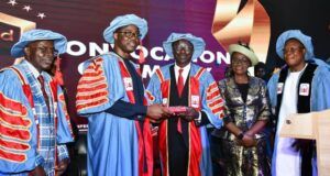 Makinde Tasks Nigerian Youth On Need To Participate In Politics From left, Vice Chancellor, Precious Cornerstone University, Prof Timothy Adejumo; Oyo State Governor, Seyi Makinde; Chancellor, Precious Cornerstone University, Bishop Francis Wale Oke; his wife, Rev (Mrs) Victoria Oke and Pro-Chancellor and Chairman Governing Council, Dr Samson Adeleke, during the 3rd Convocation of the University in Ibadan...