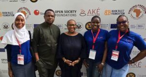 Sterling, Aké Festival, Transform Lagos Into Dazzling Fusion Of Culture, Art, Magic L-R Mazeedah Olutosin, Submissions Editor at Ouida Books; Maurice Igugu, Chief Marketing Officer at Sterling Bank; Lola Shoneyin, founder, Book Buzz Foundation and Director, Aké Arts and Book Festival; Tobechukwu Anyachebelu, Administrative manager at Book Buzz Foundation; Anjola Ayodeji, Bookstore officer at Ouida Books during the opening of Ake Arts & Books Festival held in Lagos during the week…