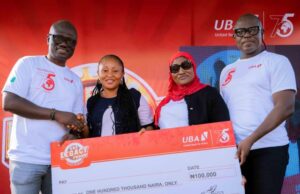 Excitement As UBA Rewards 110 Loyal Customers In Ongoing Legacy Promo L-R: Group Head, Retail and Digital Banking, United Bank for Africa, Shamsideen Fashola; One of the winners, in the ongoing UBA@75 Legacy Promo; Regional Head, Lagos, UBA, (Plc) Aminat Tunji Akinwande and Head, Retail Products and Sales, UBA, Prince Ayewoh during the promo raffle draw, dedicated to reward customers in commemoration of the banks 75th anniversary, held in Lagos on Saturday, October 26, at Ikeja City Mall, Lagos…