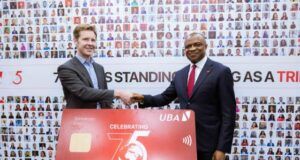 UBA’s 75th Anniversary: Mastercard Partners Africa’s Global Bank To Introduce Commemorative Debit Card UBA's Oliver Alawuba, right, with Mastercard's topshot...at the event...