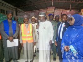 R-L: The Secretary to the Presidential Committee on Flood Relief and Rehabilitation, Mrs. Hajara Modu, Deputy Governor of Borno State, Umar Usman Kadafur, NEMA’s Director of Relief and Rehabilitation, Abdullahi Adamu Usur, and NEMA’s Coordinator for Northeast Zonal Office, Mr. Sirajo Garba at the handover ceremony of relief items by the Presidential Committee on Flood Relief and Rehabilitation (PCFRR) Wednesday in Maiduguri, Borno State…