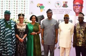 Makinde Reveals Plan By His Govt To Explore AfCFTA’s Benefits To Grow Oyo’s Economy From left, Osun State Commissioner for Commerce, Rev Bunmi Jenyo; Former Minister of Trade, Chief (Mrs) Onikepo Akande; Special Adviser to Oyo State Governor on International Trade and African Continental Free Trade Area (AfCFTA), Ms Neo Theodore Tihaselo; Oyo State Governor, Seyi Makinde; his deputy, Barr Bayo Lawal and Oyo State Commissioner for Trade, Industry Investment and Cooperative, Hon Adeniyi Adebisi, during the Oyo State 2024 AfCFTA Consultative Forum, held at International Conference Centre, University of Ibadan…