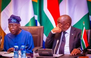 South Africa Relaxes Visa Rules For Nigerian Tourists, Bizmen President Cyril Ramaphosa of South Africa, left, with Nigeria's President Bola Tinubu...
