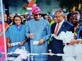 Managing Director/Chief Executive, Federal Airports Authority (FAAN), Oluwabunmi Oluwaseun Kuku ; The Minister of Aviation and Aerospace, Festus Keyamo; and GMD/CEO, United Bank for Africa (UBA) Plc, Oliver Alawuba at the Commissioning of the Newly Renovated Departure Section of Murtala Muhammed International Airport, Ikeja, Lagos, renovated by UBA, at the weekend…