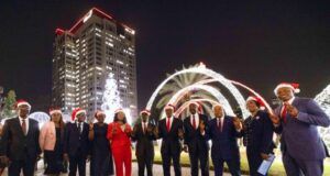 Excitement As UBA Heralds Festive Season, Lights Up Lagos Marina Garden L-R: Head of Operations, West, Gboyega Sadiq; Group Head, Customer Experience, Michele Nwoga; Company Secretary, Bili Odum; Group Head, Human Resources, Modupe Akindele; CEO, UBA Africa, Abiola Bawuah; Group Deputy Managing Director, Chukwuma Nweke; GMD/CEO, Oliver Alawuba; Group Deputy Managing Director, Muyiwa Akinyemi; Executive Director, Alex Alozie; and Regional Director, East Bank, Chioma Mang; Executive Directors, Ugo Nwaghodoh; during the Christmas Light Up, to herald yuletide at the UBA Foundation Garden in Marina on Monday...