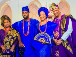 Mogaji Wole Arisekola, right, daughter, new groom and Olori Arisekola...