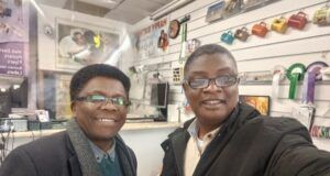 Photo: Parrot Xtra Publisher Visits Ibadan-Born Dizzy K Falola’s London PrintShop Ambassador Olayinka Agboola, right, with Dizzy K-Falola...in London...