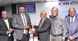 ICAN, NGX Honour Dangote Cement As Platinum Winner L-R: Chief Executive Officer, NGX Regulation Limited, Olufemi Shobanjo; Acting Company Secretary and General Counsel, Dangote Cement Plc, Edward Imoedemhe; President, Institute of Chartered Accountants of Nigeria (ICAN), Davidson C. Alaribe; Head, Financial Control & Reporting Nigeria, Dangote Cement Plc, Ignatius Ediale; Chief Finance Officer, Dangote Sugar Refinery Plc, Isiaka Bello, presenting the Corporate Reporting Award to Dangote Cement Plc (Platinum Category) at the 2025 ICAN/NGX Corporate Reporting Award, held in Lagos on April 15, 2025…