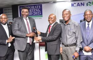 ICAN, NGX Honour Dangote Cement As Platinum Winner L-R: Chief Executive Officer, NGX Regulation Limited, Olufemi Shobanjo; Acting Company Secretary and General Counsel, Dangote Cement Plc, Edward Imoedemhe; President, Institute of Chartered Accountants of Nigeria (ICAN), Davidson C. Alaribe; Head, Financial Control & Reporting Nigeria, Dangote Cement Plc, Ignatius Ediale; Chief Finance Officer, Dangote Sugar Refinery Plc, Isiaka Bello, presenting the Corporate Reporting Award to Dangote Cement Plc (Platinum Category) at the 2025 ICAN/NGX Corporate Reporting Award, held in Lagos on April 15, 2025…