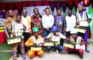 Dangote Cement Commended By Minister Over Host Community Youth Development L-R: (Back Row) Oloyede Oladipupo, Dangote Packaging, Human resources / Admin Manager; Olumuyiwa Tubi, Dangote Cement Ibese Plant, AGM/Admin; Bolanle Ajibade, Industrial Training Fund (ITF) Area Manager Abeokuta Ogun state; Roy K. Uttam, Dangote Cement Ibese Plant Director; Hon.(Dr.) Akinbode Olusola, Chairman Yewa North LGA, Ogun state; Jeremiah Ibrahim, representative of South West Coordinator of Ministry of Solid Minerals Development, Mines & Environmental Compliance and Badru Imoleayo,a beneficiary from Aga-Olowo Community and some other beneficiaries at the 2024 Skill Acquisition and Empowerment Programme ceremony of Dangote Cement Ibese Plant Ibese Ogun state…
