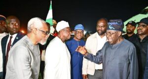 Tinubu Returns To Abuja After Two Weeks’ Visit To Europe ...President Bola Ahmed Tinubu, right, being welcomed back by Femi Gbajabiamila, right, and others...on Monday evening...