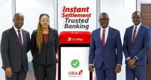 High Expectations As UBA Unveils Upgraded PoS Terminal L-R: Head, PoS Services and Web Payments, United Bank for Arica (UBA), Gbolabo Cole; Group Head, Marketing and Corporate Communications, (UBA), Alero Ladipo ; Group Head, Retail and Digital Banking, Shamsideen Fashola and Head, Digital Banking, United Bank for Africa (UBA), Olukayode Olubiyi during the unveiling of UBA’s improved Point of Sale (PoS) Terminal and the UBA MONI App at the banks corporate head office, in Marina, over the weekend…