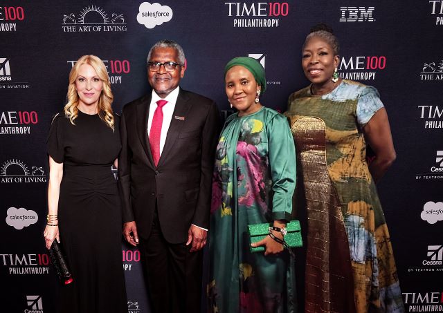 Dangote Image L-R: Chief Executive Officer, TIME, Jessica Sibley, President/CE, Dangote Industries Limited (DIL), Aliko Dangote, Group Executive Director, Commercial Operations (DIL), Fatima Aliko Dangote and Managing Director/CEO, Aliko Dangote Foundation, Zouera Youssoufou, attending TIME100 Impact Dinner, at One World Observatory in New York City…