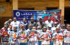 CSR Drive: LASAA Extends Educational Support To Ikorodu Public Schools L-R: Head of Operations and Innovation, Lagos State Signage and Advertisement Agency (LASAA), Mr Adegbolahan Dixon; Head Teacher, Anglican Primary School, Igbogbo, Ikorodu, Ms Akeredolu Kehinde; Hon. Gbolahan Ogunleye representing Ikorodu 1 House of Assembly (Chairman SDG and Overseas Investment); MD/CEO, LASAA, Prince Fatiu Akiolu; Chairman Omo Daada Foundation, Hon. Omoniyi Dada; and Head, Corporate Communications and Strategy, LASAA, Mrs. Atinuke da-Silva-Osadjere at the presentation of bags and writing materials in Anglican Primary School, Igbogbo, Ikorodu, Lagos recently.