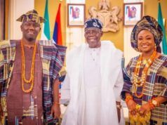Alaafin Joins Others To Celebrate As Tinubu Turns 74 President Bola Tinubu flanked by the Alaafin of Oyo, Oba Akeem Owoade and his wife...on Friday...