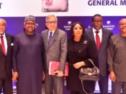 L-R: Independent Non-Executive Director, Dangote Cement Plc, Emmanuel Ikazoboh; Chairman, Dangote Cement Plc, Aliko Dangote; Group Managing Director/CEO, Dangote Cement Plc, Arvind Pathak; Independent Non-Executive Director, Dangote Cement Plc, Dorothy Udeme Ufot, SAN; Non-Executive Director, Dangote Cement Plc, Abdu Dantata; Non-Executive Director, Dangote Cement Plc, Olakunle Alake, at the 16th Annual General Meeting of Dangote Cement Plc in Lagos on Monday, June 23, 2025…
