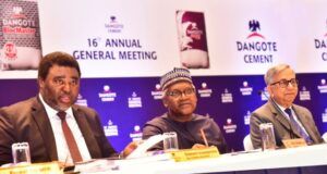 We Spent ₦13.2 Billion On CSR, Paid ₦502.6 Billion As Dividends In 2024 – Dangote Cement L-R: Acting Company Secretary/General Counsel, Dangote Cement Plc, Edward Imoedemhe; Chairman, Dangote Cement Plc, Aliko Dangote; Group Managing Director/CEO, Dangote Cement Plc, Arvind Pathak, at the 16th Annual General Meeting of Dangote Cement Plc in Lagos on Monday, June 23, 2025…