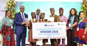 Fidelity Bank Partners With Ashoka To Empower Young Innovators L-R: Co-President, Ashoka Africa, Angelou Ezeilo; Divisional Head, Product Development, Fidelity Bank Plc, Osita Ede; Team Lead, Retail Banking, Fidelity Bank Plc, Onyeka Kurume; Winners, Changemaker Idea Pitch-A-Thon, Abule-Eko Community Junior Grammar School Pupils, District 2, Ikorodu Lagos; their Teacher, Alabi Felix; Project Coach, Opeoluwa Jamiu; Branch Leader, Fidelity Bank Plc, Festac, Ethel Genesis; and Regional Director, Ashoka Anglophone, West Africa, Josephine Nzerem; at the Ashoka Young Changemakers Festival in Lagos recently…