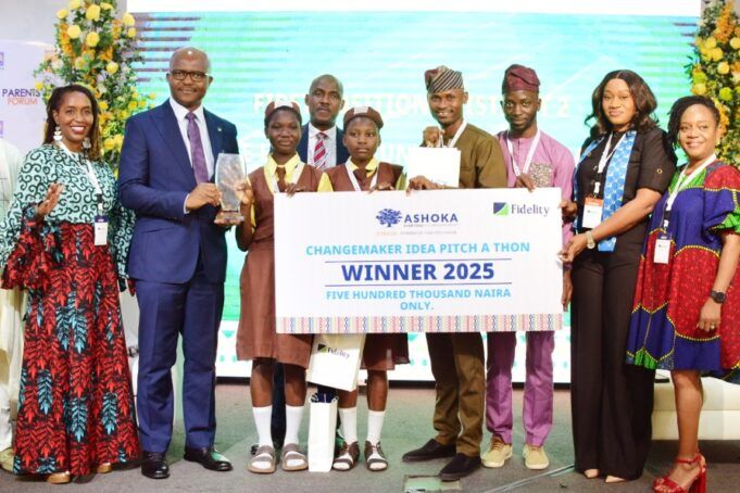 Fidelity Bank Partners With Ashoka To Empower Young Innovators L-R: Co-President, Ashoka Africa, Angelou Ezeilo; Divisional Head, Product Development, Fidelity Bank Plc, Osita Ede; Team Lead, Retail Banking, Fidelity Bank Plc, Onyeka Kurume; Winners, Changemaker Idea Pitch-A-Thon, Abule-Eko Community Junior Grammar School Pupils, District 2, Ikorodu Lagos; their Teacher, Alabi Felix; Project Coach, Opeoluwa Jamiu; Branch Leader, Fidelity Bank Plc, Festac, Ethel Genesis; and Regional Director, Ashoka Anglophone, West Africa, Josephine Nzerem; at the Ashoka Young Changemakers Festival in Lagos recently…