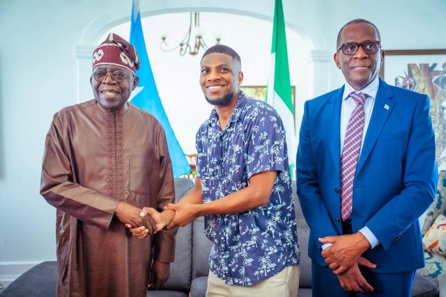 Medical student and Tinubu L-R: President Bola Tinubu, Bob Chikwem Amadi, a Nigerian medical student at the American International University in Saint Lucia and Prime Minister Philip J. Pierre...