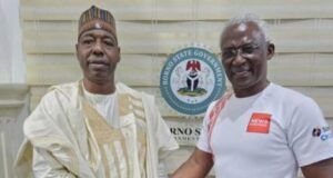 Zulum Secures Platform For Community Engagement From News Central TV ...the governor of Borno state, Prof. Babagana Zulum, left, with News Central TV's Kayode Akintemi...