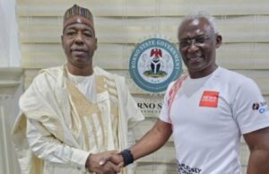 Zulum Secures Platform For Community Engagement From News Central TV ...the governor of Borno state, Prof. Babagana Zulum, left, with News Central TV's Kayode Akintemi...