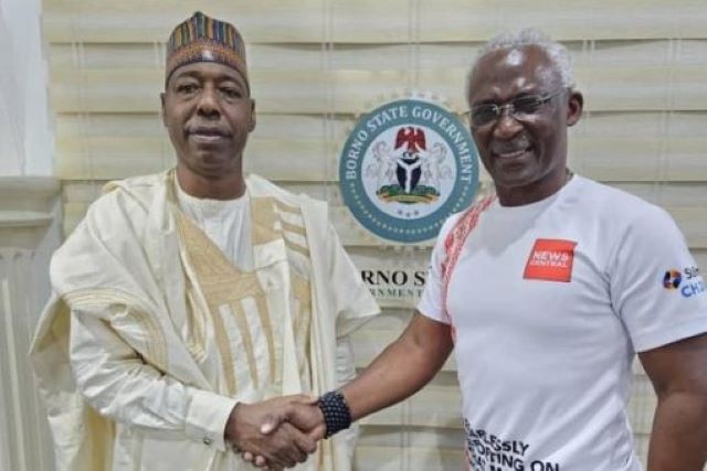 Zulum and Akintemi ...the governor of Borno state, Prof. Babagana Zulum, left, with News Central TV's Kayode Akintemi...