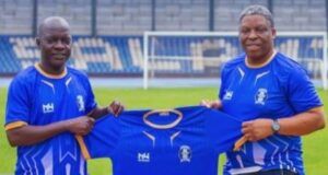 High Expectations As Shooting Stars Unveil Aweroro As Head Coach Coach Nurudeen Aweroro, left, with new 3SC boss, Salami...