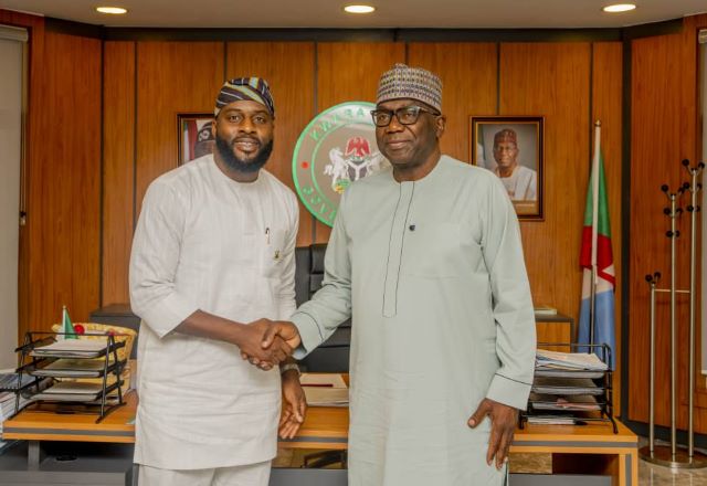 Adebo Adedoyin and Rep Hon Adebo Ogundoyin, left, with the Chairman of the Nigeria Governors’ Forum (NGF), Abdulrahman Abdulrasaq...