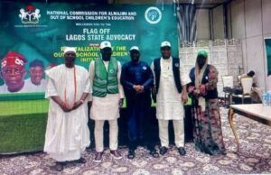 Battle Against Out-of-School Children’s Crisis: Lagos State Flags O-NCAOOSCE Advocacy Campaign L-R: Rep of HRM Oba Saheed Elegushi, Chief Ayuba Elegushi; Chairman Lagos State Advocacy Team of NCAOOSCE, Luqman Balogun; Executive Secretary, NCAOOSCE, Dr. Mohammed Sani Idris; Special Adviser to the Hon Minister of Education, Dr. Balarabe Shehu-Kakale and Director of Grant Mobilization NCAOOSCE, Prof. Rukayat Tukur…