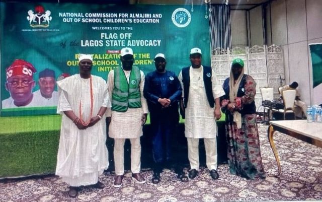 Almajeri L-R: Rep of HRM Oba Saheed Elegushi, Chief Ayuba Elegushi; Chairman Lagos State Advocacy Team of NCAOOSCE, Luqman Balogun; Executive Secretary, NCAOOSCE, Dr. Mohammed Sani Idris; Special Adviser to the Hon Minister of Education, Dr. Balarabe Shehu-Kakale and Director of Grant Mobilization NCAOOSCE, Prof. Rukayat Tukur…