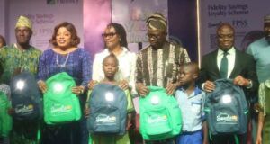 Ogun School Children Benefit As Fidelity Bank Launches Solar Powered Bags L-R: Special Adviser, Ministry of Women Affairs, Ogun State Hon Ayotunde Lawal,; Director of Cooperative Services, Ogun State, Mr. Mustapha Samuel; Managing Director/Chief Executive Officer, Fidelity Bank Plc, Dr Nneka Onyeali-Ikpe; First Lady of Ogun State, Her Excellency Mrs. Bamidele Abiodun; Commissioner for Education, Ogun State, Professor Abayomi Arigbabu; Executive Director -Lagos & South West, Dr. Ken Opara; and Executive Director -North, Mr. Sufiyanu Garba (both of Fidelity Bank Plc); at the launch of the Fidelity Solar Powered Bags in Abeokuta, Ogun State recently…