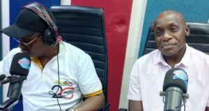 How I Got The Name ‘Ike Anobi’ – Former Super Eagles Goalkeeper Ike Shorounmu, right, with Olayinka Agboola during the Radio Show on Splash 105.5fm...