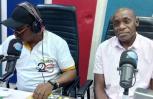 How I Got The Name ‘Ike Anobi’ – Former Super Eagles Goalkeeper Ike Shorounmu, right, with Olayinka Agboola during the Radio Show on Splash 105.5fm...