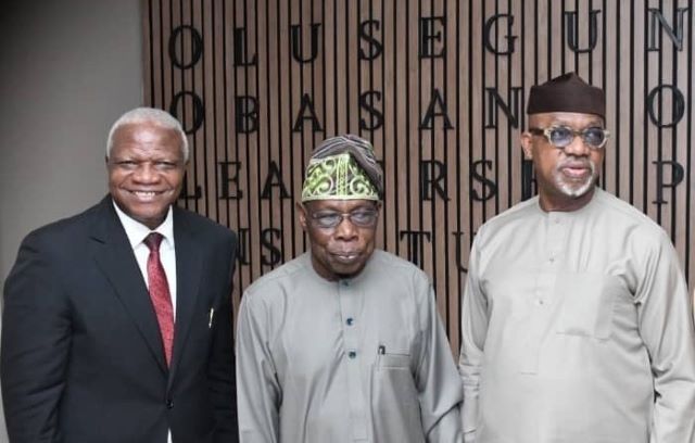 Prof Daramola President Olusegun Obasanjo, Chairman of the Board of Trustees, OOLI, middle, and to his right, Prince Dapo Abiodun, Governor of Ogun State; and to his left, Professor Daramola, Deputy Chief Executive, OOLI…