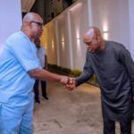 Host Dr Ayodele Fayose left welcoming his guest Ekitis present governor Biodun Oyebanji to his Lagos home