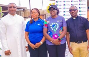 Fidelity Bank Takes Food Bank Programme To Ekiti State L-R: Church Administrator, St. Patrick Catholic Church, Ado-Ekiti, Reverend Benedict Joseph; The Branch Leader, Fidelity Bank Plc, Ado-Ekiti, Mrs. Ikeolu Akinropo; Team Lead CSR, Fidelity Bank Plc, Victoria Abuka; and Fidelity Food Bank Partner, Reverend (Dr) Michael Domingo, at the Fidelity Food Bank distribution event held in Ekiti recently…