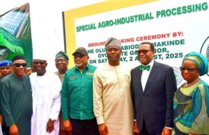 History Recorded As Shettima, AfDB President, Makinde Break Ground For Ijaiye Agribusiness Devt Hub L-R: Deputy Governor of Oyo State, Barr Bayo Lawal; PDP National Deputy Chairman (South), Hon Taofeek Arapaja; Director General Oyo State Agricbusiness Development Agency, Dr Debo Akande; Minister for Agriculture & Food Security, Senator Abubakar Kyari; Oyo State Governor, Seyi Makinde; President, African Development Bank, Dr Akinwumi Adesina; his wife, Yemisi; at the groundbreaking of Special Agro-Industrial Processing Zone Ijaye Hub in Akinyele local government Area of Oyo State. on Saturday…