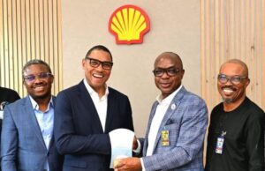 SNEPCo MD Honoured By Oil industry group, PETAN With Award Of Excellence L-R: General Manager, Deepwater Oil, Shell Nigeria Exploration and Production Company Limited (SNEPCo) Iyke Nnoaham; SNEPCo’s Managing Director, Ronald Adams; Executive Chairman, Petroleum Technology Association of Nigeria (PETAN), Wole Ogunsanya and PETAN’s Vice Chairman, Obidike Uzu during a courtesy visit to Shell Headquarters at Eko Atlantic in Lagos…